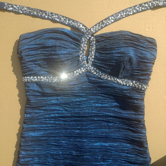 Y2K sapphire blue ruched dress glitter silver sequin halter stra… - Picture 1 of 12
